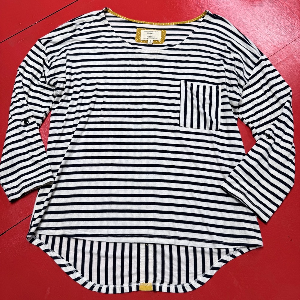 Flower & feather navy and white striped top yellow detailing
